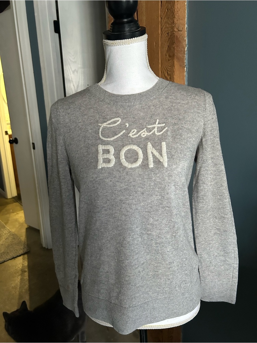 Banana Republic Gray Crewneck Sweater with "C'est BON" Script